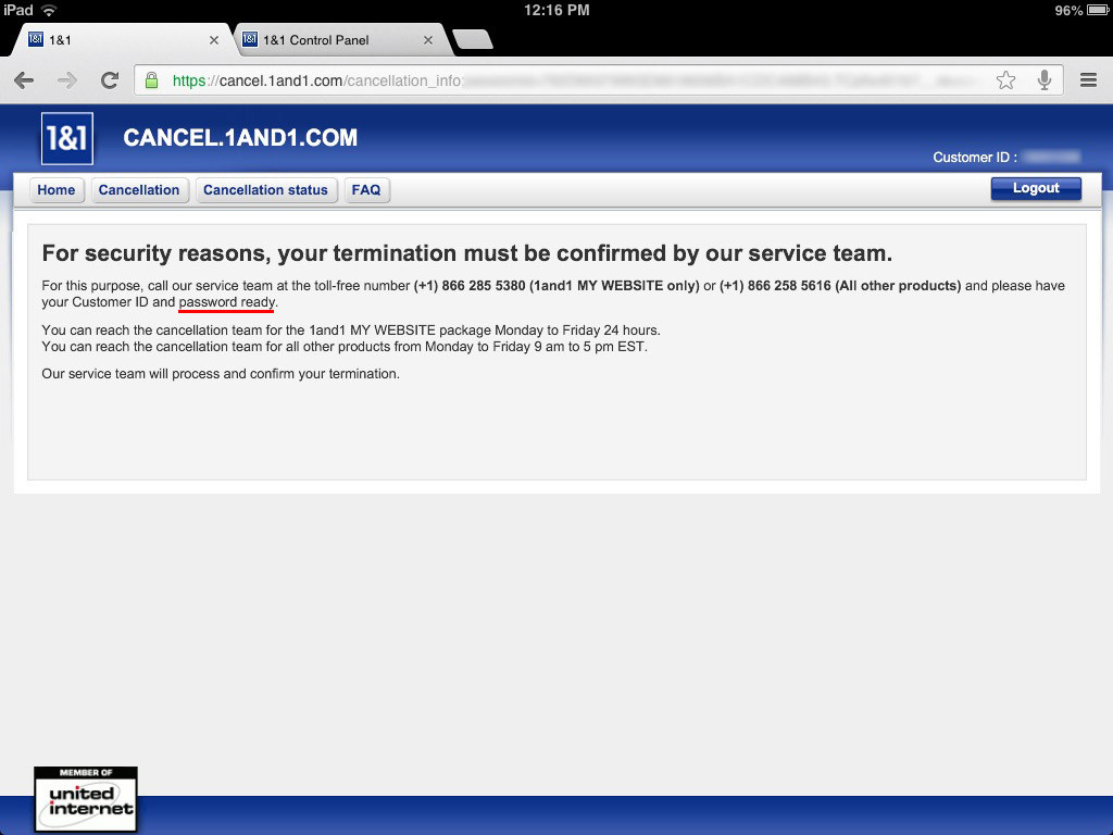 1&1 Asking for Your Password to Cancel