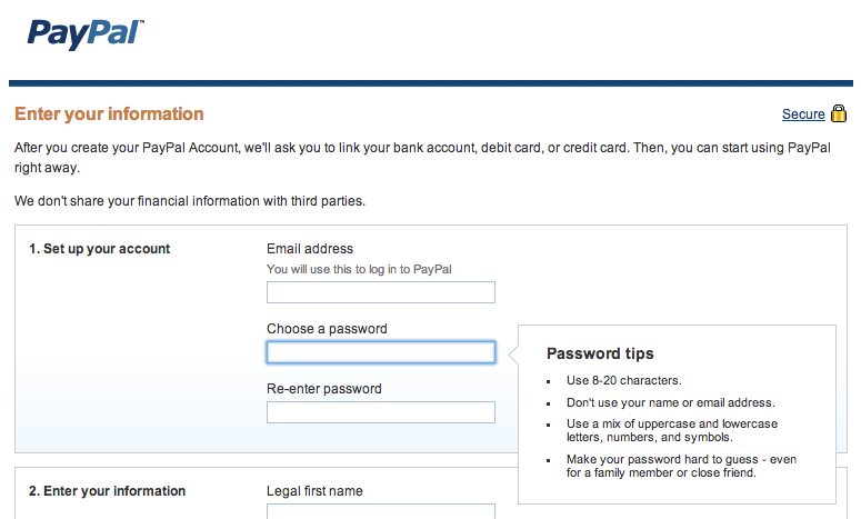 PayPal Password Suggestions