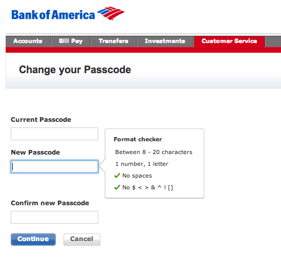Bank of America's Password Suggestions